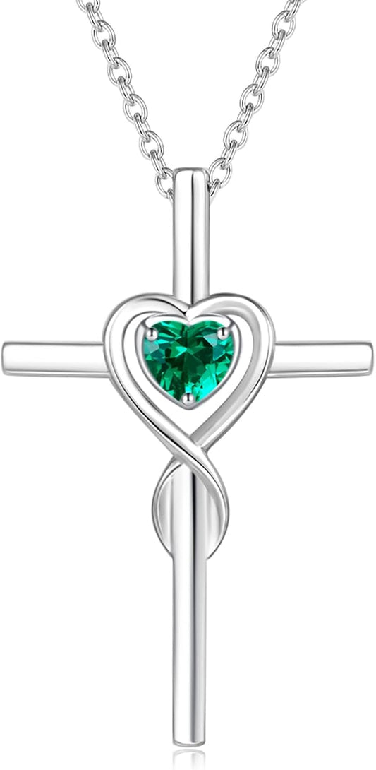 FANCIME Birthstone Cross Necklace for Women Birthstone Necklace Heart Infinity Cross Pendant Necklace Fine Jewelry Christmas Birthday Holiday Gifts for Her, 16"+2" Inches