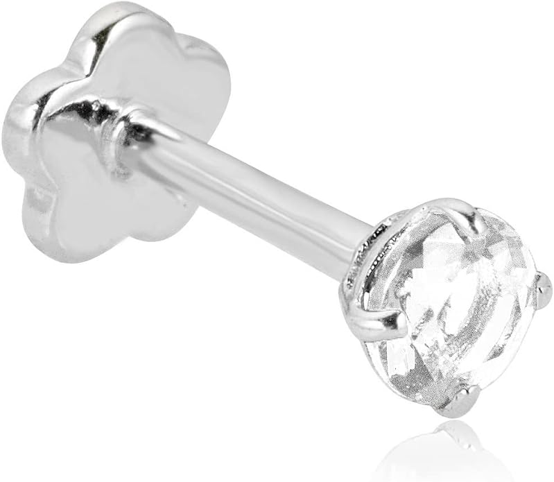 AVORA 14K Yellow/White Gold 3mm Round Simulated Diamond (0.1 carat) Cartilage Piercing Flat Back Earring Body Jewelry (18 Gauge) - Emerald, Ruby, Amethyst, Sapphire, Sim. Diamond