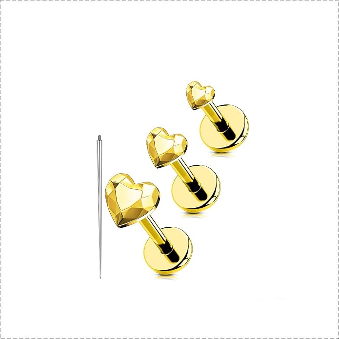 OUFER 18G 6/7/8MM Flat Back Cartilage EarRings-3PCS Gold Titanium Extended Internally Threaded Lip Piercing 2/3/4MM Round Clear CZ Helix Piercing Jewelry