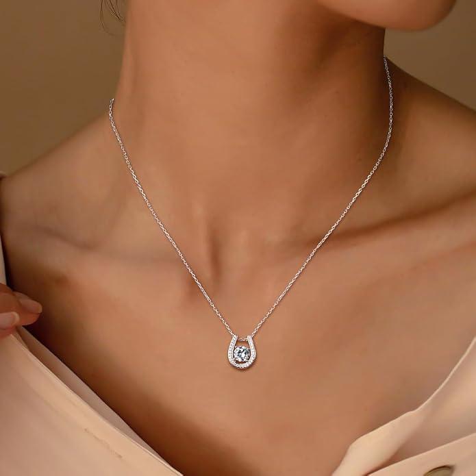 925 Sterling Silver Horseshoe Necklace for Women Round Gemstone Birthstone Necklace Sapphire/Emerald/Ruby/CZ Horse Shoe Pendant Necklaces Jewelry Gift