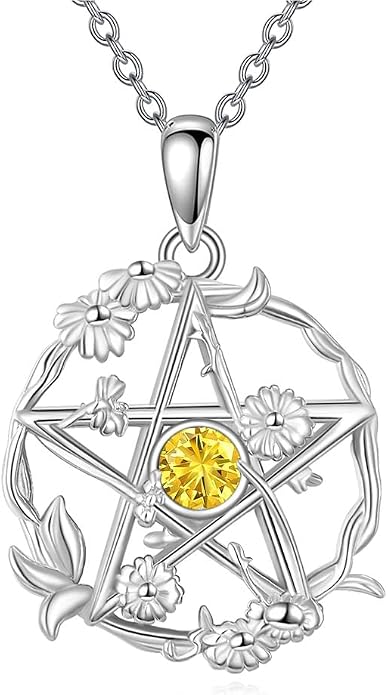 Birthstone Pentagram Necklace for Women 925 Sterling Silver Pentacle Daisy Pendant Pentacle Jewelry Birthday Gifts