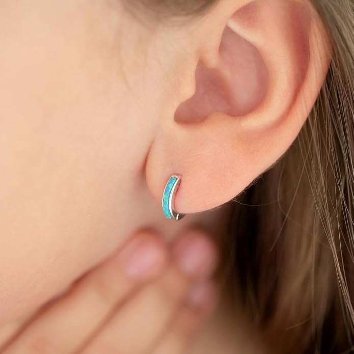 In Season Jewelry Simulated Opal Inlay Girls Hoop Earrings for Kids - 925 Sterling Silver Little Girl Hoop Earrings - Hypoallergenic & Comfortable with Secure Latch Closure