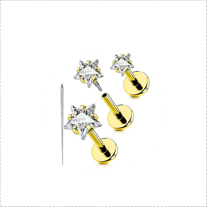 OUFER 18G 6/7/8MM Flat Back Cartilage EarRings-3PCS Gold Titanium Extended Internally Threaded Lip Piercing 2/3/4MM Round Clear CZ Helix Piercing Jewelry