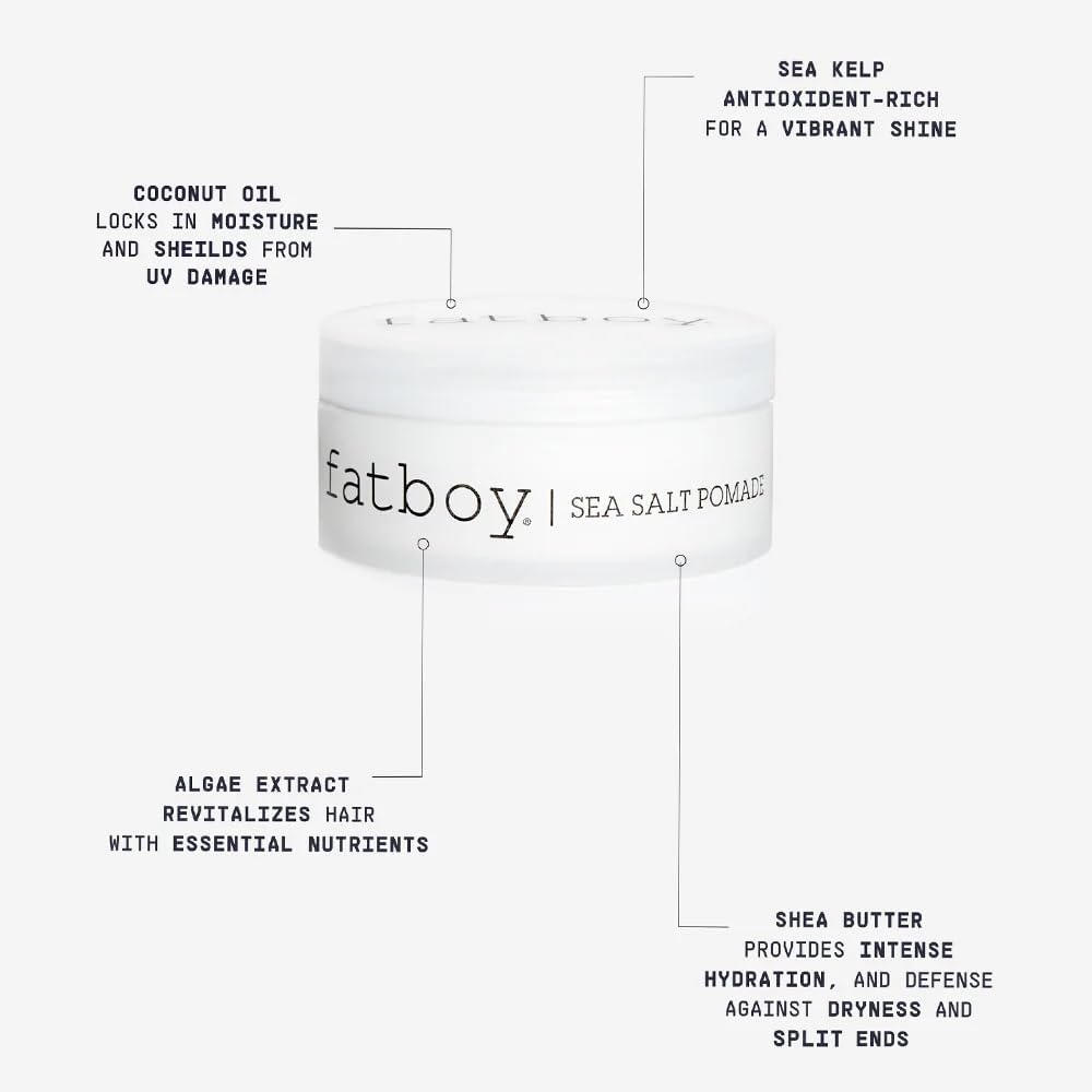 Fatboy Sea Salt Hair Pomade with Coconut Oil & Shea Butter, Lightweight Hold for Texture, Styling & Shine, Tousled Beach Waves Finish, Hair Care for All Hair Types, Paraben Free, Color Safe, 2.6 Oz
