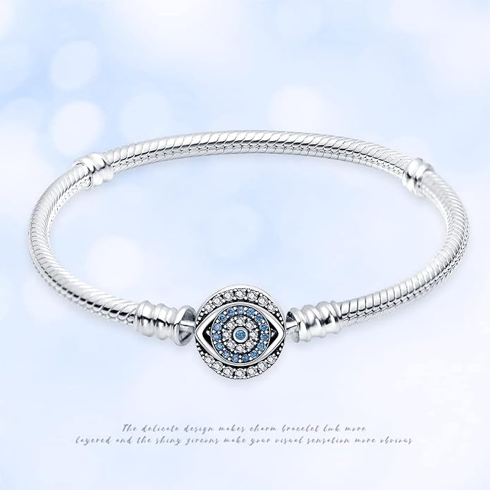 KUNSIR 925 Sterling Silver Snake Chain Bracelet Blue Evil Eyes with 5A Cubic Zirconia Bracelets for Women Teen