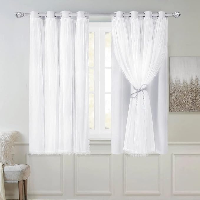 Greyish White Blackout Curtains Set - Double Layers Voile Sheer Light Blocking Draperies with Tie-Backs for Bedroom Windows, 52 x 63 inches, Greyish White, 2 Pieces