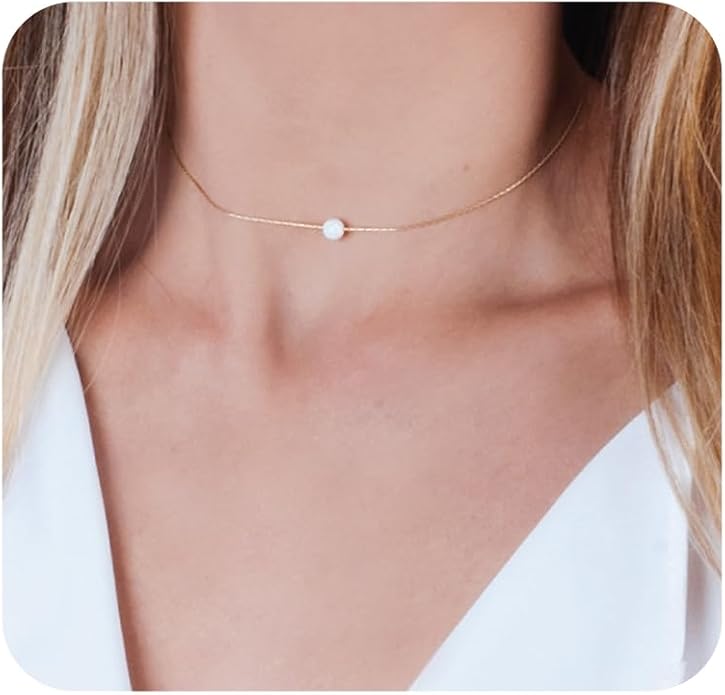 Opal Bead Choker Necklace – Rose and Gold Filled or Sterling Silver, Blue or White Opal Ball, Dainty Minimalist Jewelry 13.5"-16.5"