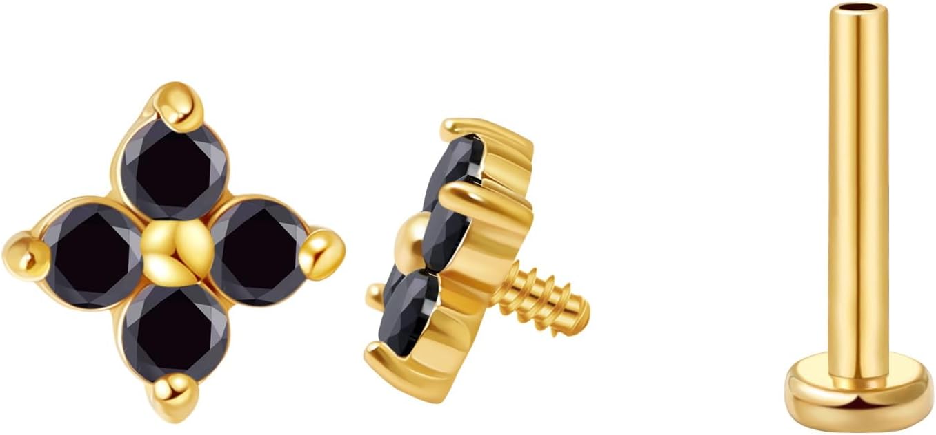 FANSING CZ Flower Internally Threaded Flat Back Earring Labret Stud for Cartilage Tragus Helix Conch