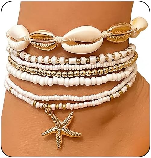 7 Pack Boho Beaded Shell Anklet Bracelets for Women Colorful Stretch Cowrie Seashell Starfish Ankle Bracelet Stack Adjustable Summer Beach Accessories Cute Hawaiian Jewelry