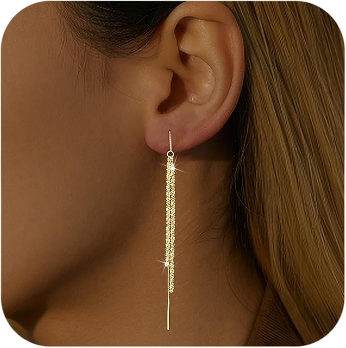 925 Sterling Silver Tassel Chain Dangle Earrings for Women Sparkling Long Fringe Dangle Drop Earrings Bling Line Minimalist Wedding Studs Earring Jewelry Birthday Christmas Gifts for Her