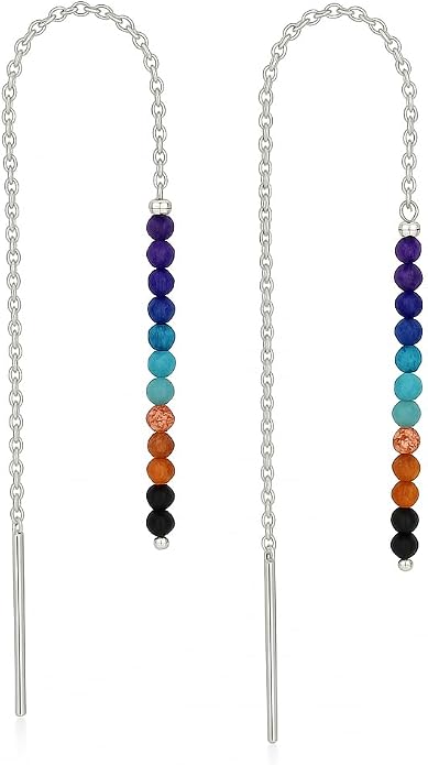 Sterling Silver Threader Earrings with Real Gemstone Beads - Elegant Pull-Through Design for Women, Dangling Western Earrings, Long and Short Adjustable Earring
