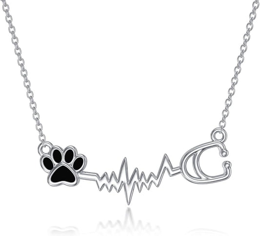 Birthstone Veterinary Stethoscope Necklace 925 Sterling Silver Nurse Vet Pendant with Dog Paw Nurse Jewelry Gifts for Veterinarian Nurse Women Veterinarian Gifts