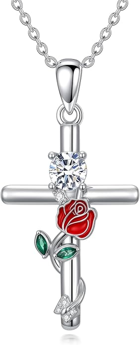 Birthstone Cross Necklace 925 Sterling Silver Rose with Butterfly Birthstone Cross Pendant Necklace Jewelry Gifts for Women Birthday Christmas