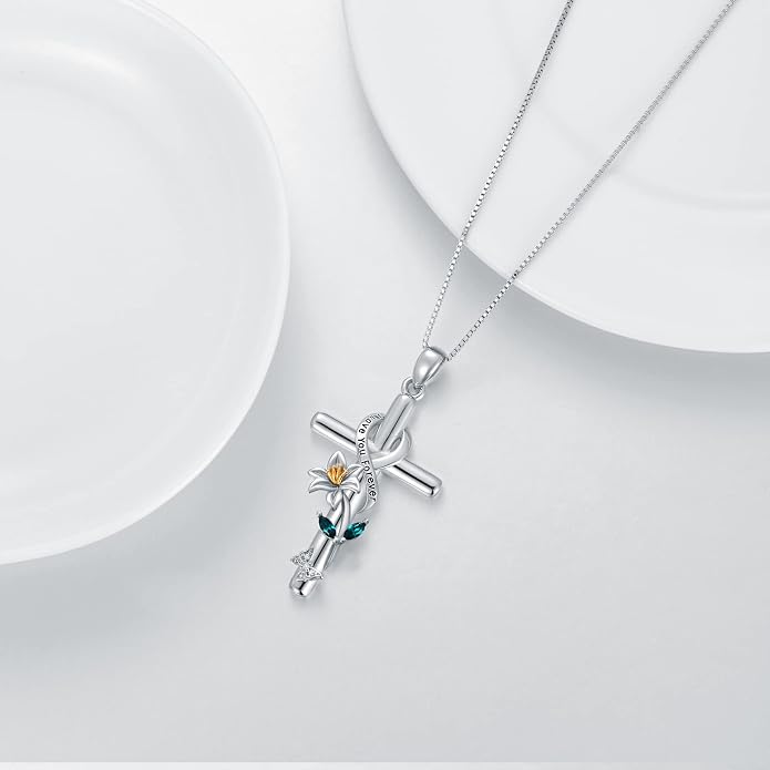 Cross Necklace for Women 925 Sterling Silver I Love You Necklace Religious Jewelry with Gift Box for Mother Daughter