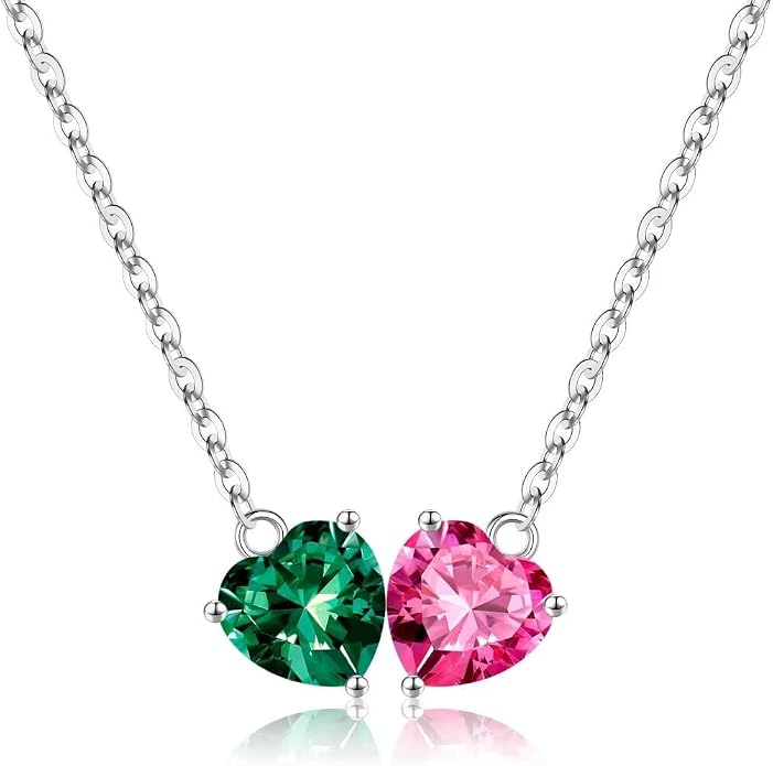 Iefil 1.25Ct Double Heart Birthstone Necklace - 925 Sterling Silver Birthstone Necklace, Birthday Gifts for Women, Jewelry Gifts for Mom Daughter Wife