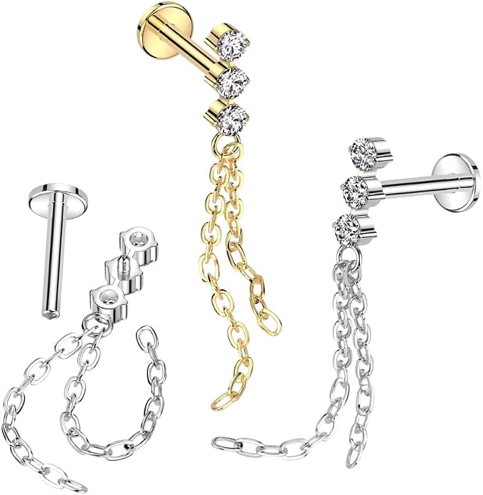 Pierced Owl 16GA ASTM F-136 Implant Grade Titanium Internally Threaded Triple CZ Crystal with Double Dangling Chains Flat Back Stud