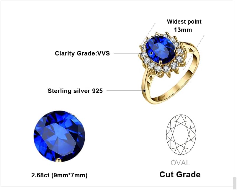 JewelryPalace Princess Diana Kate Middleton Class Gemstone Birthstone Sapphire Halo Engagement Rings for Women, Anniversary 14K White Yellow Rose Gold Plated 925 Sterling Silver Promise Rings for Her