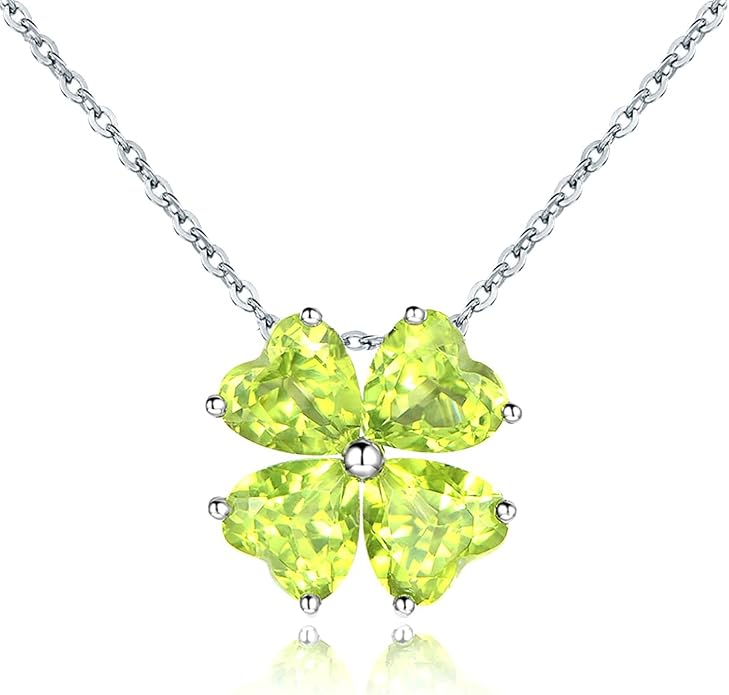 JIANGXIN Colorful Birthstone 925 Sterling Silver Handmade Pendant Necklace for Women Lucky Four Leaf Clover Plant Shamrock Jewelry Rhodium Plated