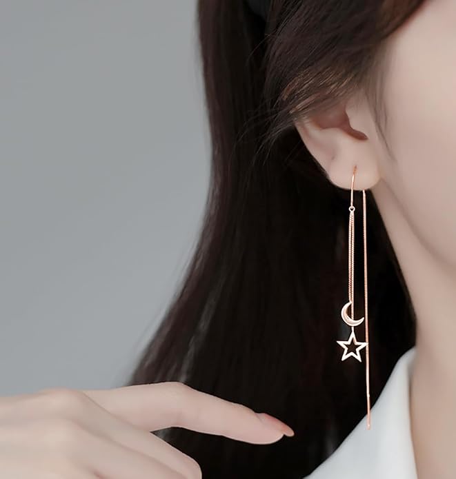 Reffeer Solid 925 Sterling Silver Moon Star Threader Dangle Earrings Chain for Women Teens Long Dangle Earrings Tassel Chain