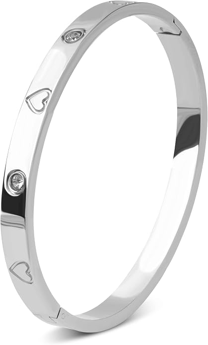 Stainless Steel Heart Motif Bangle Bracelet - Polished Hinged Cuff with Cubic Zirconia Accents - Durable Love-Inspired Design for Women