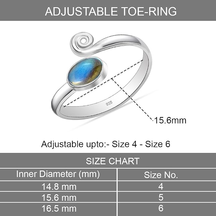 LeCalla 925 Sterling Silver Toe Rings for Women | Minimalist Open Adjustable Handmade Gemstone Toe-Ring | Women's Cuff Toe Ring Summer Beach Foot Jewelry