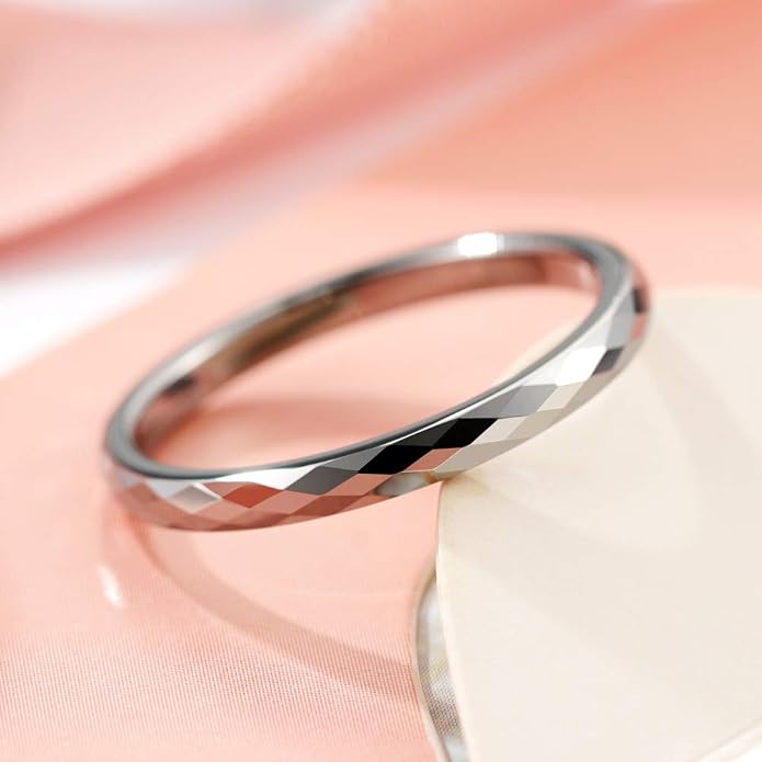 THREE KEYS JEWELRY 2mm 8mm Silver Tungsten Carbide Wedding Band for Men Women, Basic Hammered Multi-Faceted Polished Finish Stackable Engagement Ring Comfort Fit
