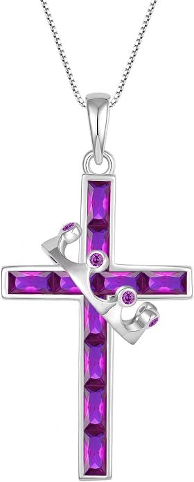 Gemstone Crown Cross Necklaces for Women, 925 Sterling Silver Rectangular cut Zircon Pendant With Rotated Crown Faith Cross Jewelry Gift
