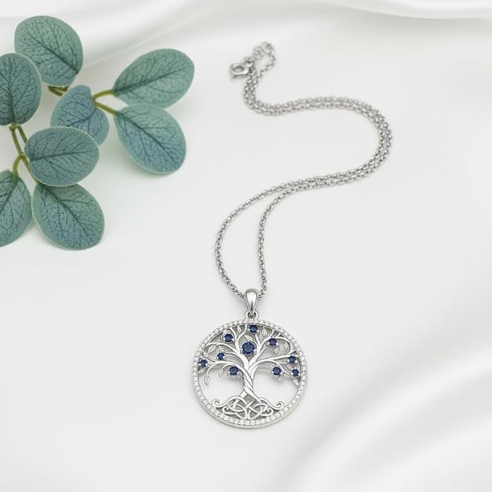ONEFINITY Tree of Life Necklace 18k White Gold Plated Tree of Life Birthstone Pendant Necklace Birthstone Jewelry Anniversary Birthday Gifts for Women Men