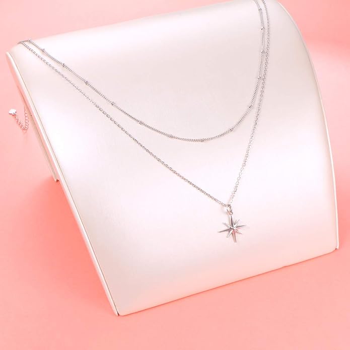 FLYOW Layered Choker Necklace S925 Sterling Silver Star Full Moon Daisy Flower Pendant Disc Jewelry Adjustable Clavicle Necklaces for Women Girls Birthday Gifts