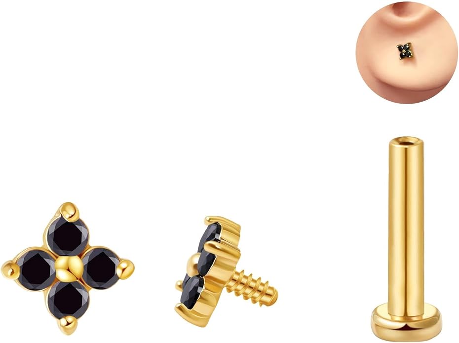 FANSING CZ Flower Internally Threaded Flat Back Earring Labret Stud for Cartilage Tragus Helix Conch