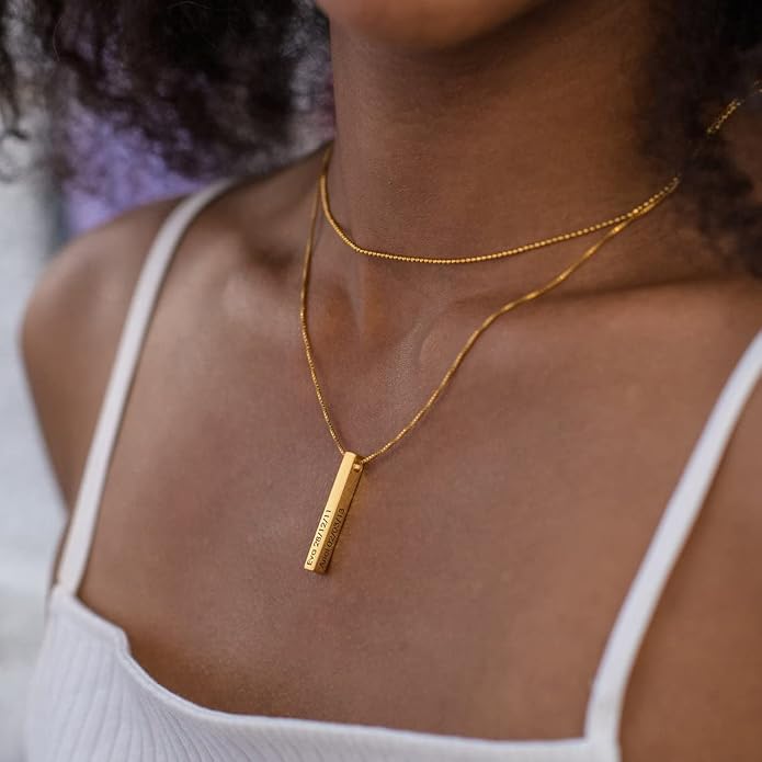MeMoShe Custom Name Necklace Personalized 3D Engraved Bar 18K Gold Plated Customized Name Jewelry with Adjustable Chain Charm Birthday Gifts for Women Men