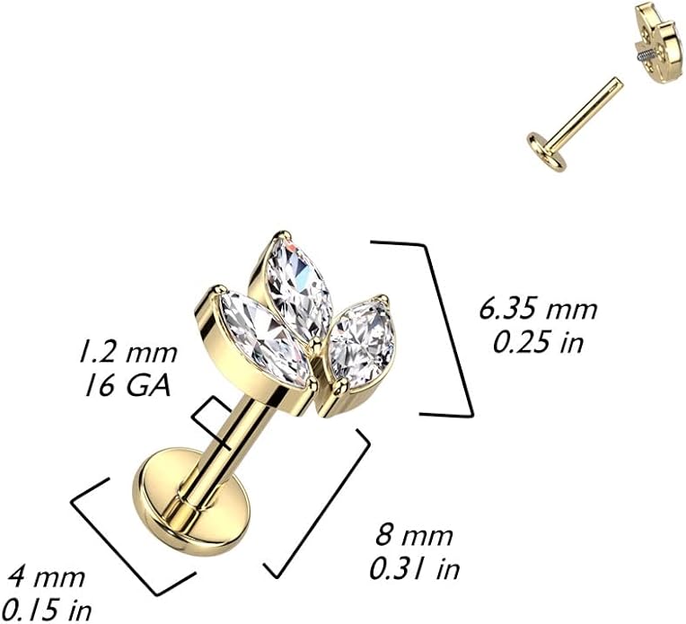 Pierced Owl 16GA F136 Implant Grade Titanium Internally Threaded CZ Crystal Marquise Top Flat Back Stud