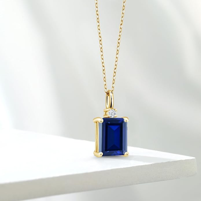 Gem Stone King 925 Sterling Silver Gemstone Birthstone Pendant Necklace for Women | Emerald Cut 10X8MM and Round 2MM | With 18 Inch Chain | Fine Jewelry for Her Mom Wife