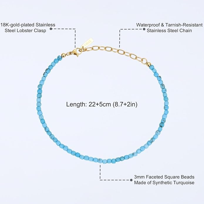 COAI Waterproof Anklet for Women, Square Crystal Beaded Anklet for Women, Red Carnelian/Turquoise/Lapis Lazuli