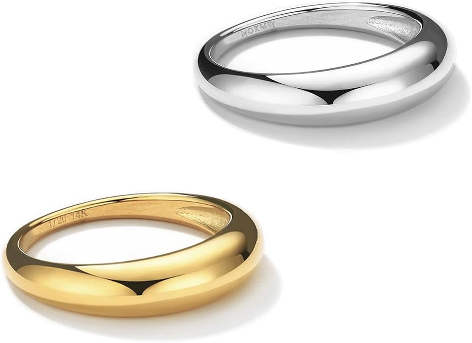 NOKMIT Chunky Dome Rings for Women Dainty 14K Gold Silver Tone Cute Bold Dome Statement Ring Thick Minimalist Thumb Band High Polished Smooth Comfort Fit Size 5-10