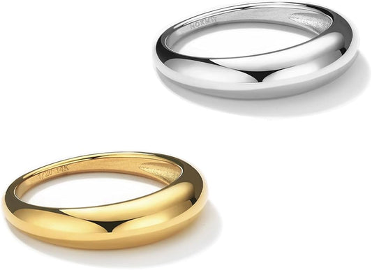 NOKMIT Chunky Dome Rings for Women Dainty 14K Gold Silver Tone Cute Bold Dome Statement Ring Thick Minimalist Thumb Band High Polished Smooth Comfort Fit Size 5-10