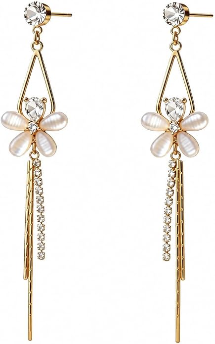 14K Gold Plated Flower Dangle Earrings for Women, Hypoallergenic Cubic Zirconia Long Threader Chandelier Earrings, Elegant Crystal Jewelry for Wedding Bridal Prom Party Gifts