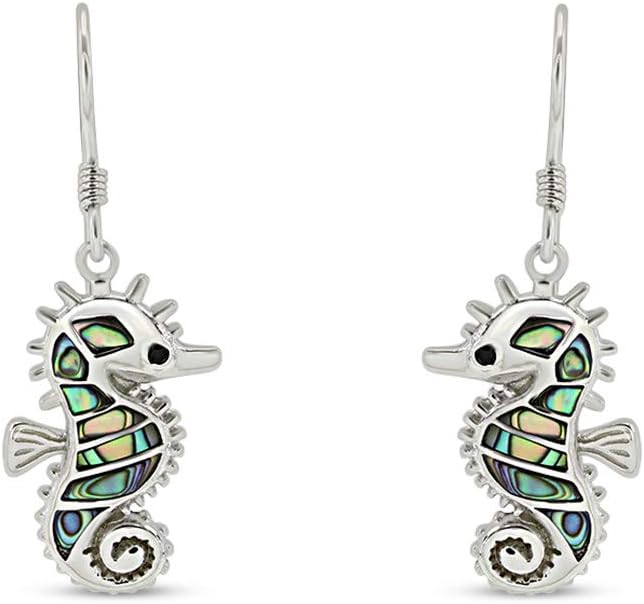 Abalone Shell Animal Dangle Earrings for Women (Kiwi Bird, Cat, Seahorse) in 14K White Gold Over 925 Sterling Silver, Iridescent Fishhook Drop Jewelry Gift