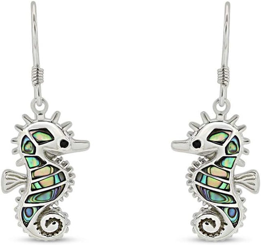 Abalone Shell Animal Dangle Earrings for Women (Kiwi Bird, Cat, Seahorse) in 14K White Gold Over 925 Sterling Silver, Iridescent Fishhook Drop Jewelry Gift