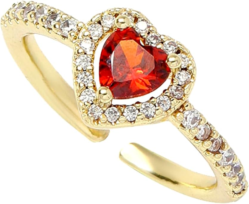 Gold Birthstone Rings for Women Non Tarnish 14k Gold Plated Dainty Heart Rings Adjustable Size Cubic Zirconia Ring Gold Simulated Gemstone Rings Birthday Gifts for Women