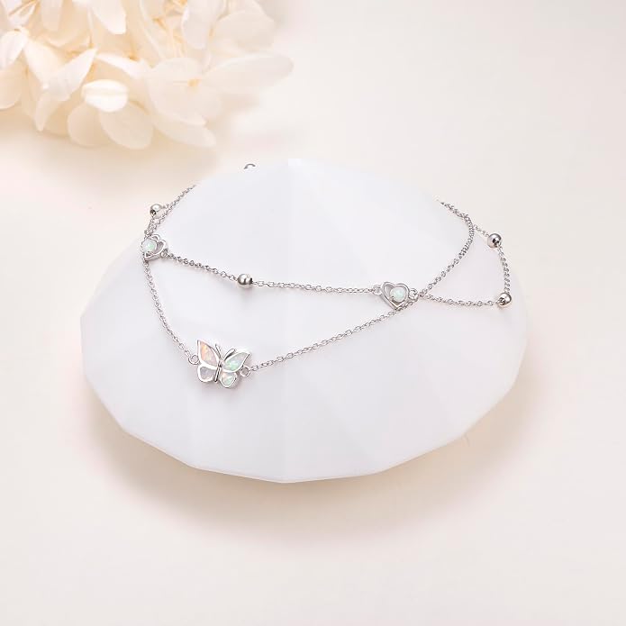 Flyow Anklet for Women S925 Sterling Silver Adjustable Foot Beaded Heart Charm Ankle Bracelet Anklets Jewelry
