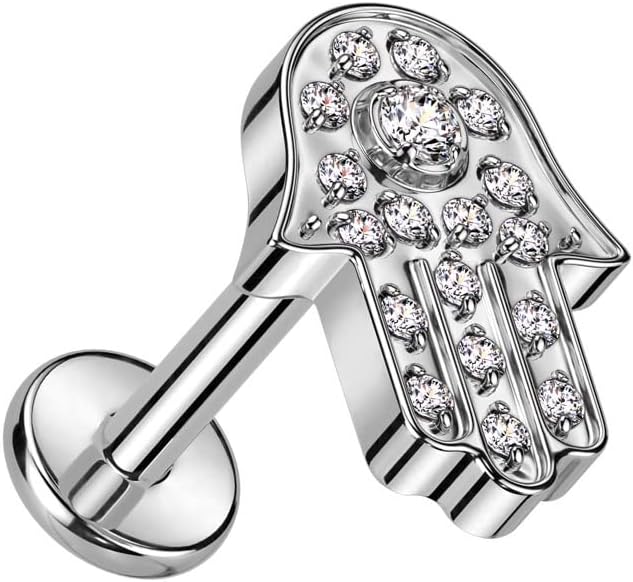 Pierced Owl 16GA F136 Implant Grade Titanium Internally Threaded CZ Crystal Paved Hamsa Top Flat Back Labret Stud