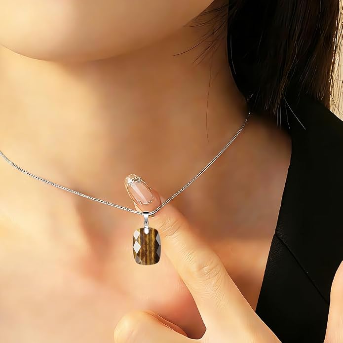 iSTONE 925 Sterling Silver Natural Crytral for Womens Pendant Necklace, Gemstone Birthstone with 17.8" Silver Chain Ladies