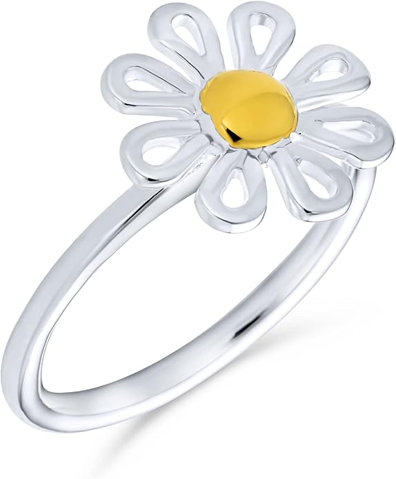 Bling Jewelry Delicate 14K Gold Plated .925 Sterling Silver Tiny Two Tone Flower Daisy Ring for Women and Teens Thin 1mm Band