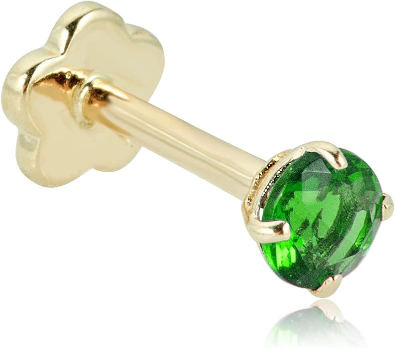 AVORA 14K Yellow/White Gold 3mm Round Simulated Diamond (0.1 carat) Cartilage Piercing Flat Back Earring Body Jewelry (18 Gauge) - Emerald, Ruby, Amethyst, Sapphire, Sim. Diamond