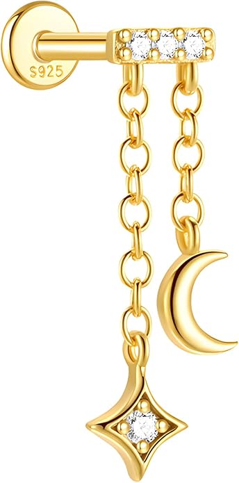 Solid 925 Sterling Silver Helix Earring with Dangle Chain 14K Gold Plated Flat Back Cartilage Stud Crescent Moon & Star CZ Internally Threaded Piercing Jewelry Ear Ring Gift