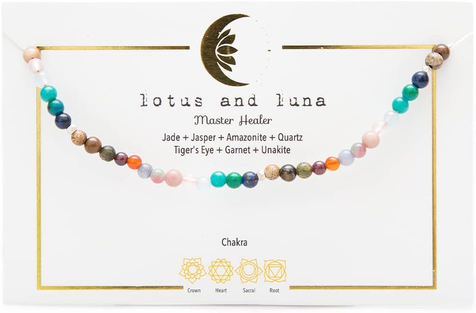 Lotus and Luna 7 Chakra Necklace for Women - Healing Crystal Necklace with Genuine Stones (Master Healer) to Bring Balance and Healing to Mind and Body - Handmade Jewelry Gift