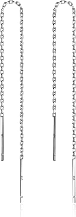 3 Pairs Threader Earrings 925 Sterling Silver Long Chain Earrings Bar/Ball Wrap Threader Drop Earrings for Women Lightweight Minimalist Mother's Day Jewelry Set