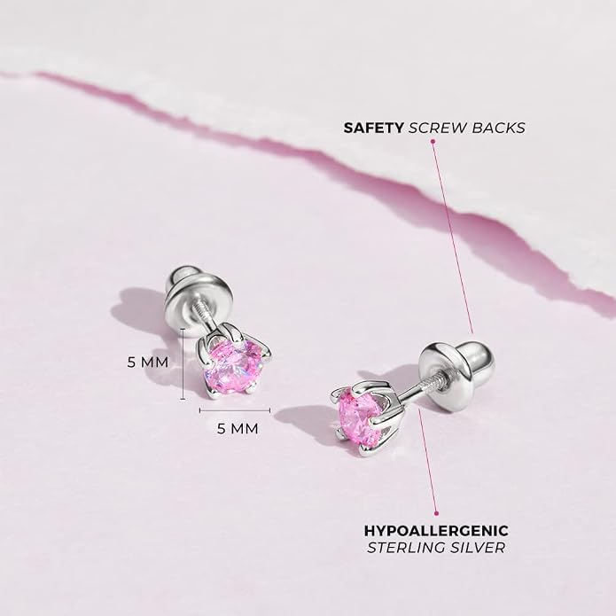In Season Jewelry Solitaire Simulated Birthstone Kids Earrings - 925 Sterling Silver Hypoallergenic Earrings for Girls with Secure Screw Backs - Safe & Comfortable for Kids & Little Girls
