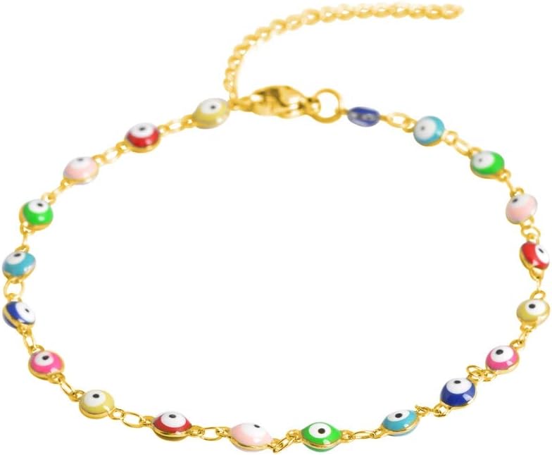 Multi-Colored Evil Eye Pendant Anklet, 9"+2" Extender